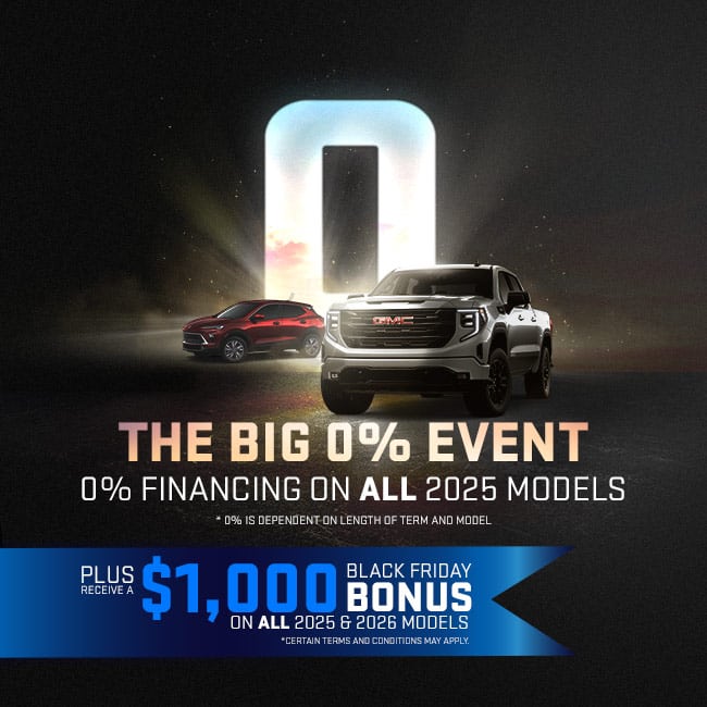 Demo clearance car sale with up to $12,375 off, featuring various GMC vehicles under a blue sky.