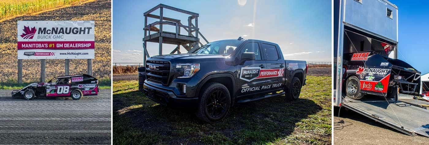 Race car at McNaught Buick GMC dealership track, alongside official GMC pace truck and trailer.