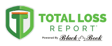 Total Loss Report logo featuring a green shield with a stylized "T" and the phrase "Powered by Black Book."