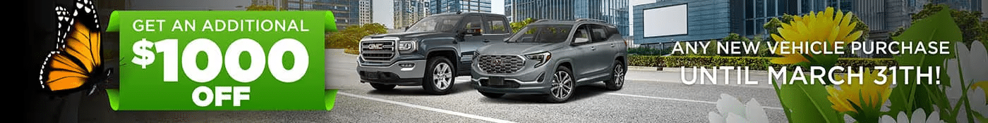 $1000 off new vehicle purchase, valid until March 31st. Urban backdrop with parked SUVs and flowers.