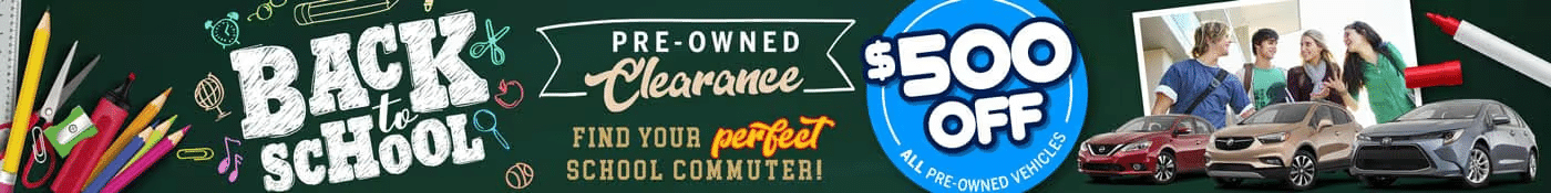 Back to school sale ad with pre-owned vehicles, $500 off offer, and school supplies theme.
