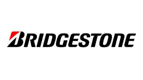 Bridgestone logo with bold black lettering and a red and white emblem, representing tire manufacturer branding.