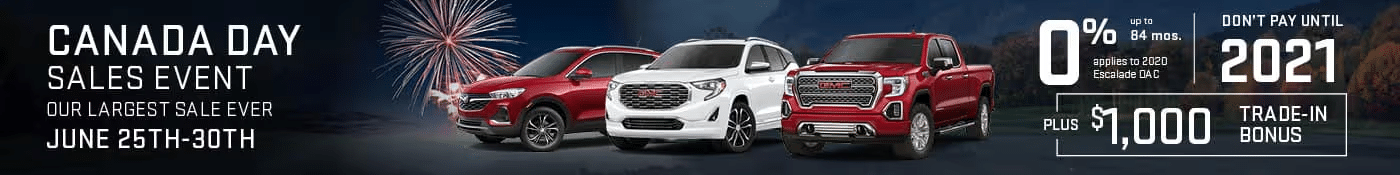 Canada Day car sales event with GMC vehicles, 0% financing, trade-in bonus.