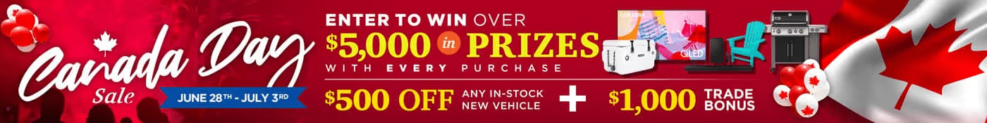 Canada Day Sale banner offering $5,000 in prizes, $500 off in-stock vehicles, and $1,000 trade bonus.