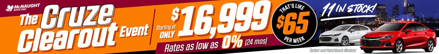 Cruze Clearout event with cars starting at $16,999, 0% rates, $65/week, limited stock.
