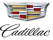 Cadillac logo featuring a crest with colored stripes and elegant script text below.