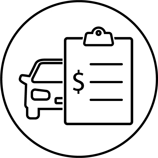 Car valuation icon with a clipboard and dollar sign, indicating vehicle pricing.