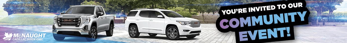 Invitation to McNaught Community Event featuring GMC vehicles in a scenic outdoor setting.
