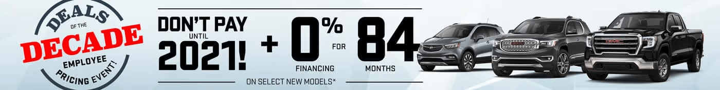 Car dealership promo: "Deals of the Decade" with 0% financing for 84 months on select new models.
