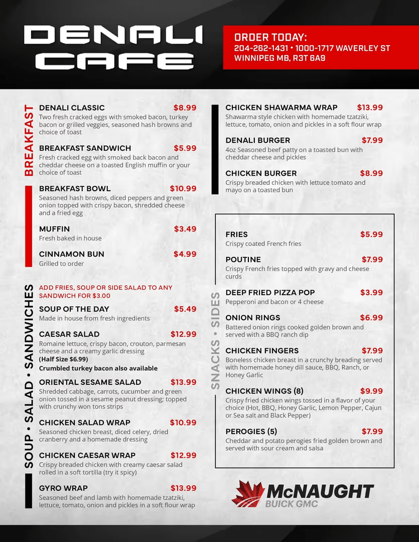 Denali Cafe menu featuring breakfast items, wraps, burgers, salads, and sides with pricing. Winnipeg location.