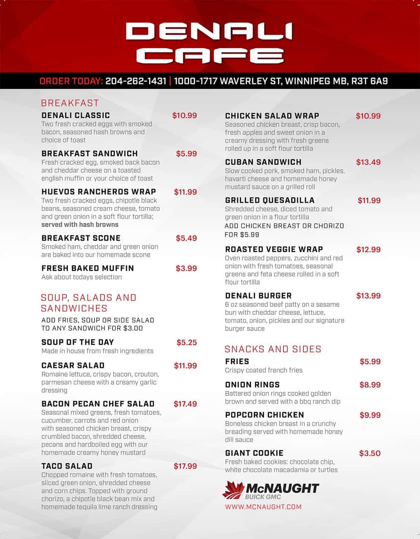 Denali Cafe menu featuring breakfast, sandwiches, soups, salads, and sides with various pricing options.