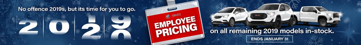 Red Valentine-themed banner promoting Employee Pricing on new vehicles and Prize Mountain with TVs, laptops, and more. Features heart decorations and gift boxes. Offer dates: February 13-17.