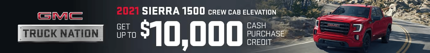 GMC promo for 2021 Sierra 1500 Crew Cab Elevation with $10,000 cash purchase credit, featuring a red truck.
