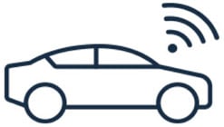 Connected car illustration with wireless signal, symbolizing smart technology features.
