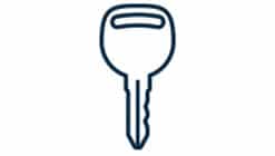 Simple black outline of a car key on a white background, symbolizing security.