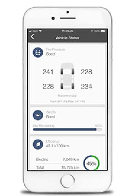 Smartphone displaying vehicle status app: tire pressure, oil life, and fuel efficiency metrics.