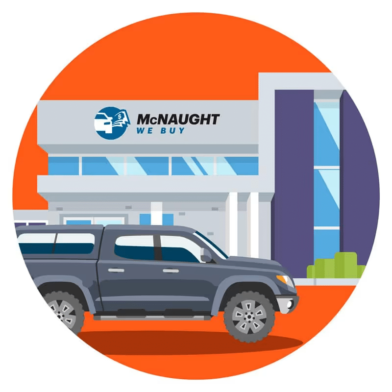 Pickup truck parked outside McNaught dealership with a bold orange background.