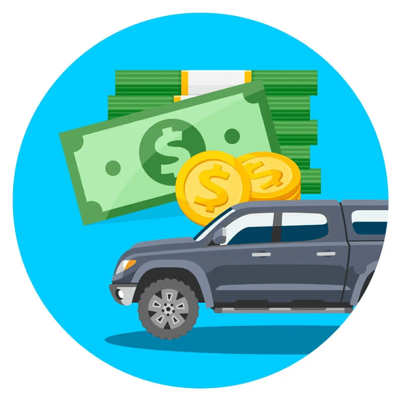Pickup truck with cash and coins symbolizing vehicle selling.