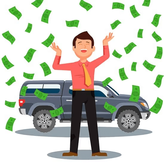 Man celebrating windfall of money near a black SUV, symbolizing financial success.