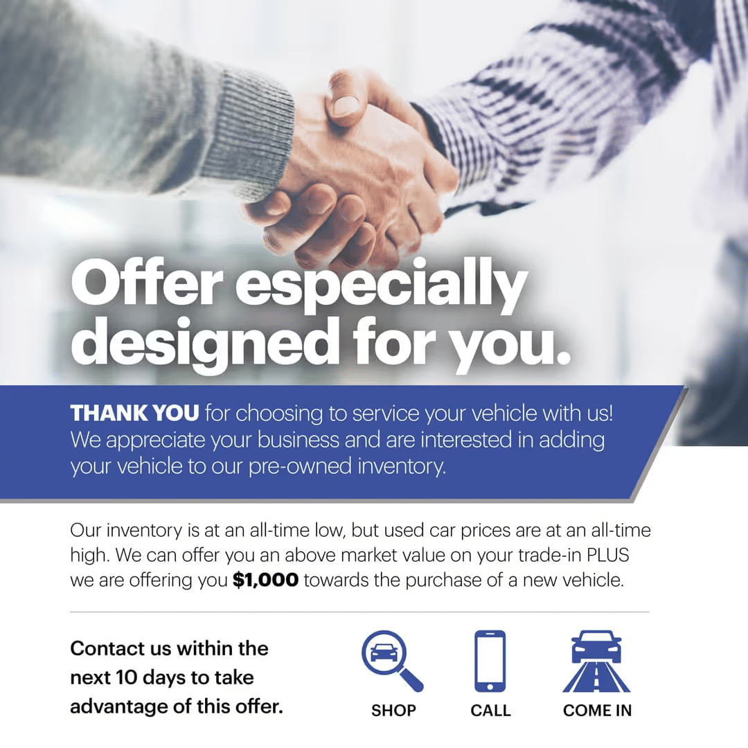 Close-up of a hand holding a car key over a table with papers. Text above reads, Lower your payments. A green box below details a VIP customer recognition and financing offer with icons for shopping, calling, and visiting in-store.