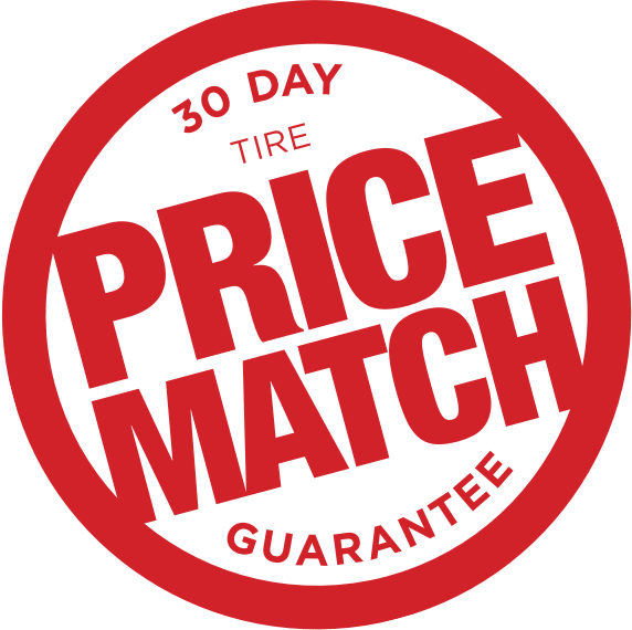30-day tire price match guarantee emblem in bold red text.