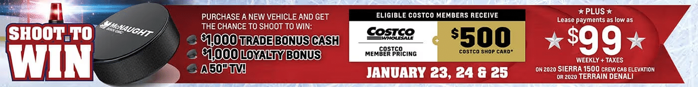 Hockey-themed car promotion offering bonuses, a TV, and Costco gift card with vehicle purchase.