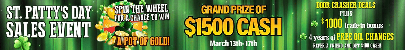 St. Patty's Day sales event banner with $1500 cash prize, deals, and bonuses. March 13-17 promotion.