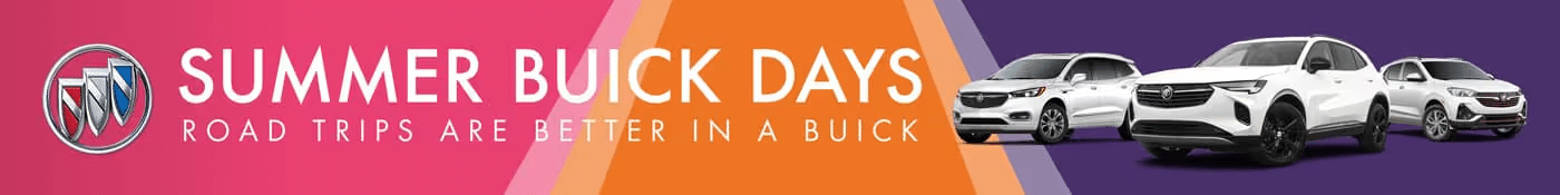 Summer Buick Days banner featuring three white Buick SUVs, promoting road trips.