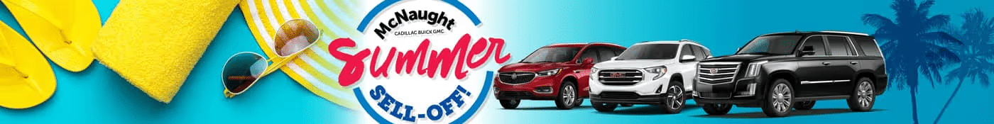 Summer car sale banner. Features GMC vehicles with summer items like flip-flops and sunglasses on a blue background.