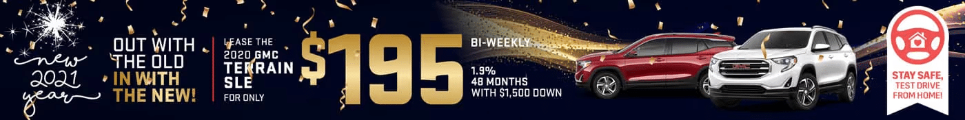Lease a 2020 GMC Terrain SLE for $195 bi-weekly, 1.9% APR, 48 months with $1,500 down. New Year offer.