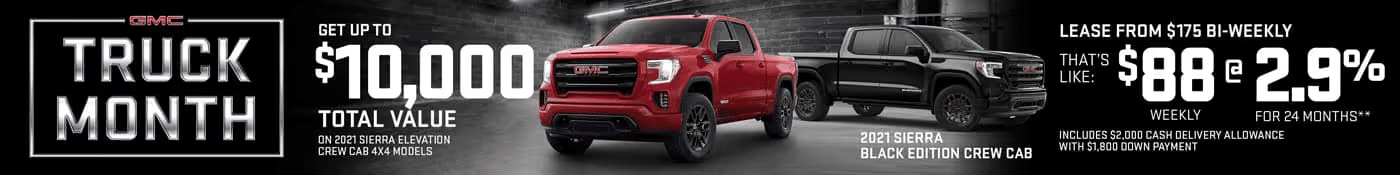 Advertisement banner for GMC Truck Month, featuring a red Chevrolet Silverado and a black GMC Sierra on a sandy terrain. Text highlights up to 22% off 2021 Chevy Silverado 1500 or 2021 GMC Sierra 1500.