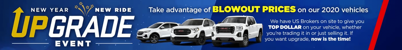 New Year car sale banner promoting upgrade event with 2020 vehicle deals and blowout prices.