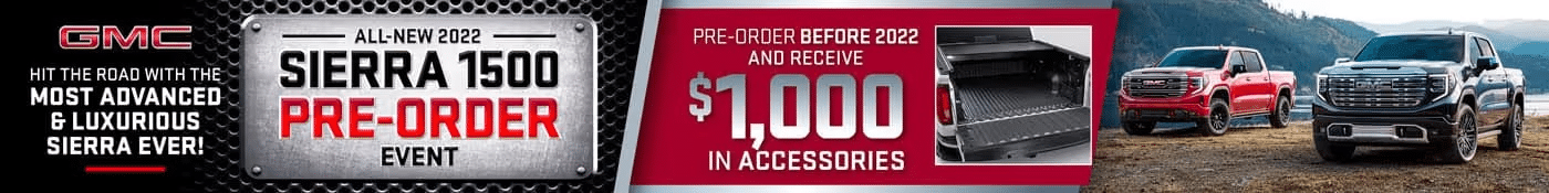 Promotional banner featuring the 2022 GMC Sierra truck and pre-order information.