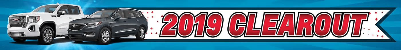 2019 vehicle clearance sale featuring GMC and Buick models on a bold blue banner.