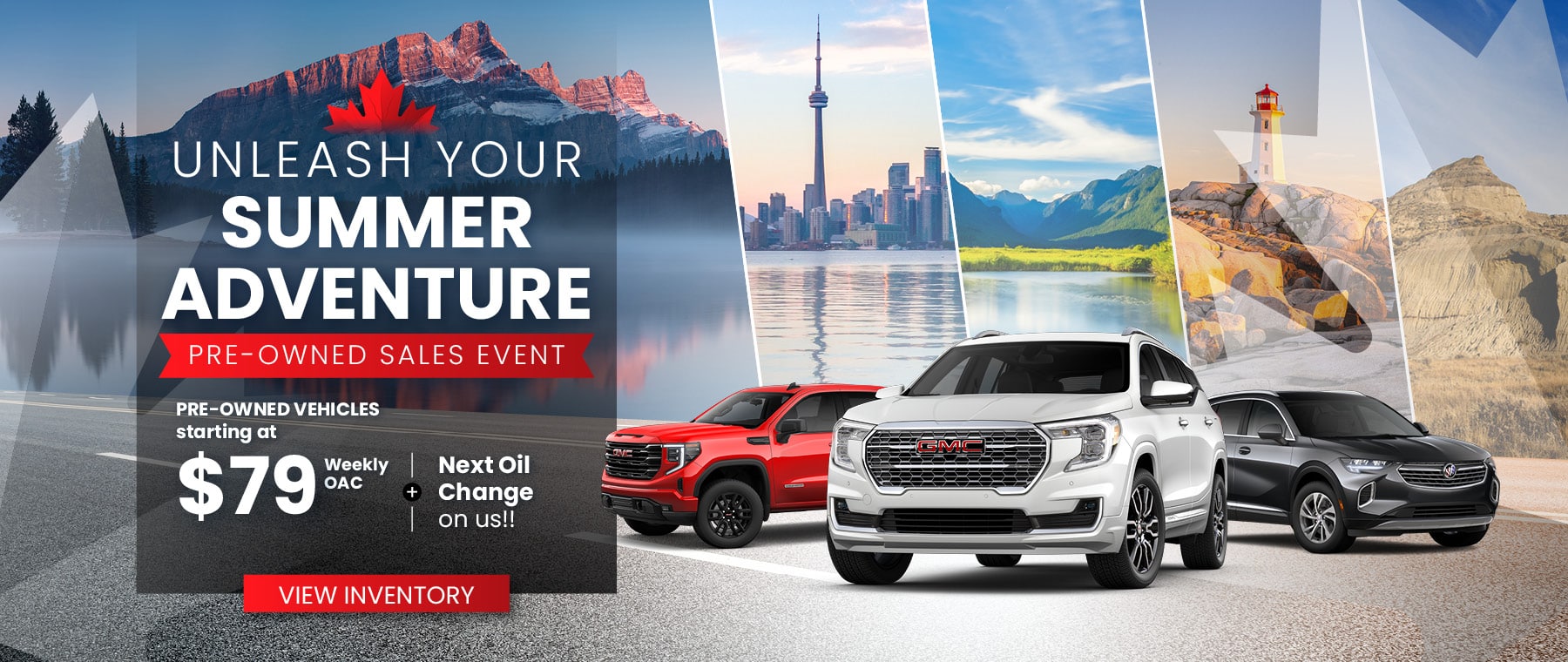 Summer sales event ad featuring pre-owned vehicles in scenic Canadian landscapes.