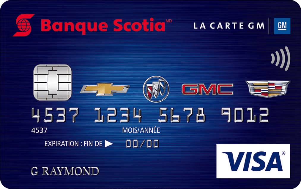 Banque Scotia GM Visa card featuring automotive logos, chip, and contactless symbol.