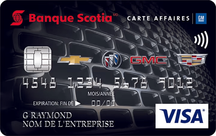 Banque Scotia business credit card featuring GM, Visa, and chip for secure transactions.