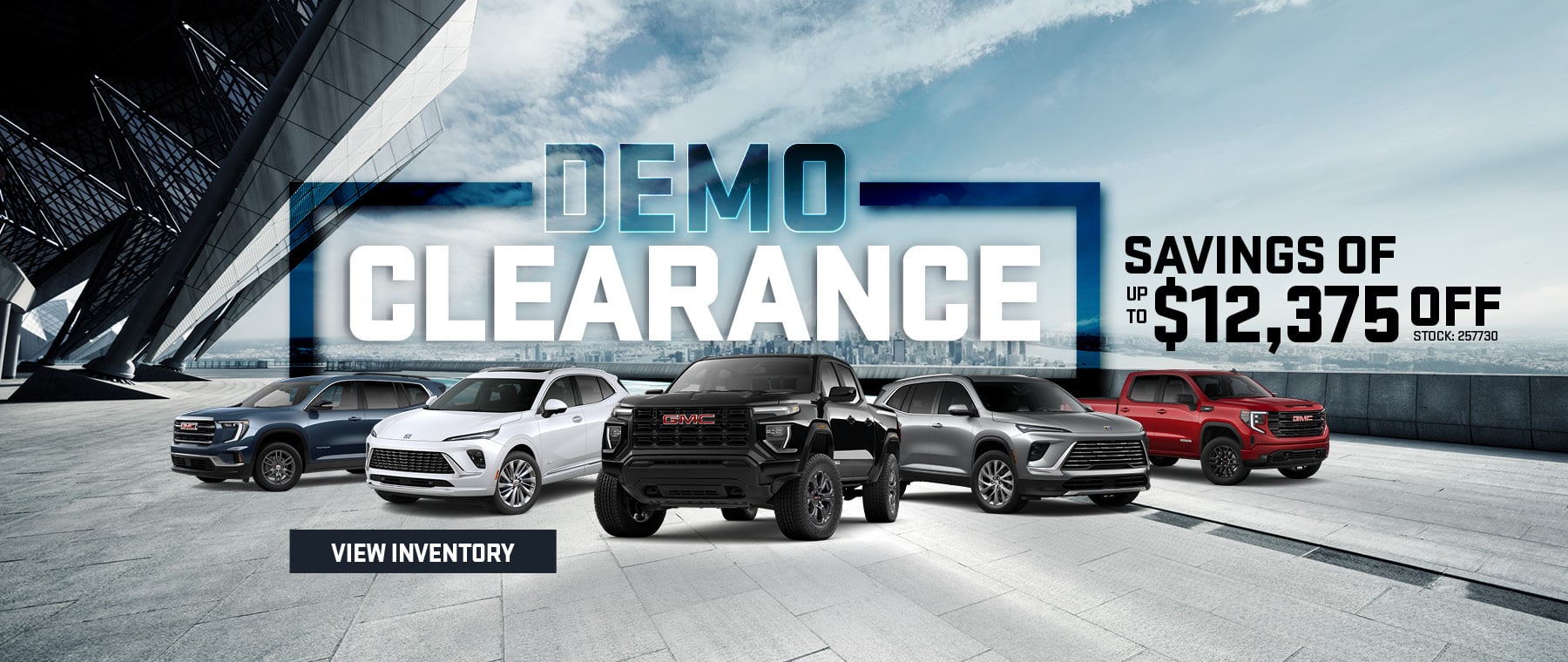 Car models displayed in a demo clearance sale promotion with savings up to $12,375. View inventory.