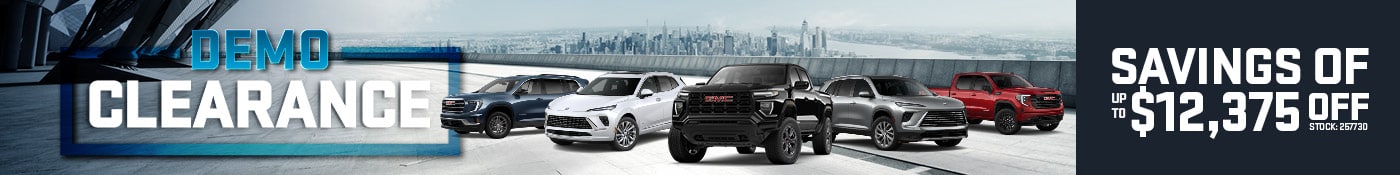 Car clearance sale with various models, offering up to $12,375 off. City skyline in background.