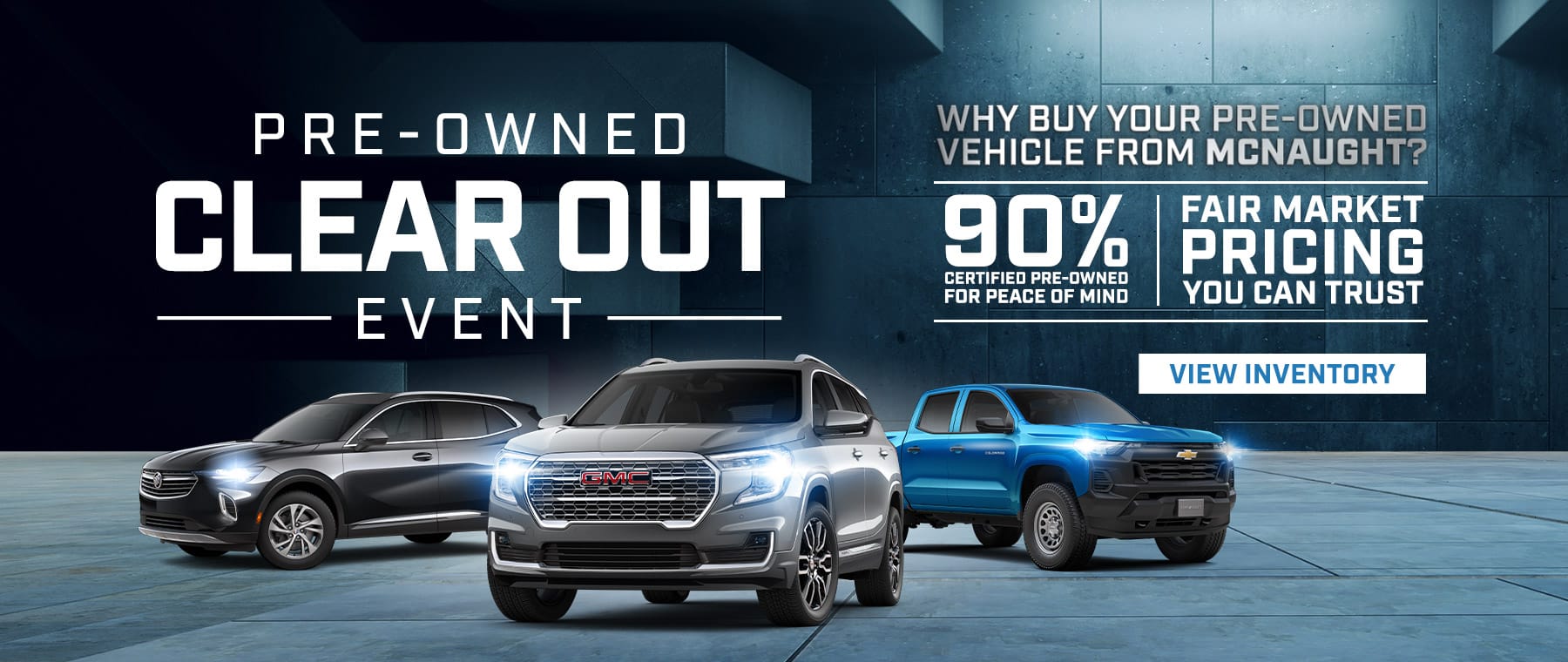 Pre-owned vehicle sale event banner featuring cars, offering 90% certified pre-owned options at fair prices.