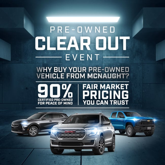 Pre-owned vehicle sales event advertisement featuring three cars and text highlighting benefits and inventory access.