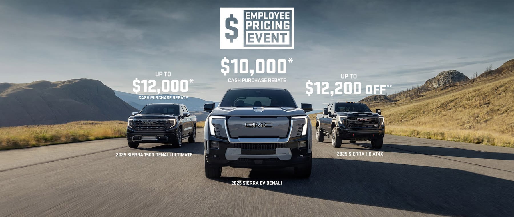 Upgrade your ride with a test drive to win $2,000. Features GMC and SUVs against a dynamic backdrop.