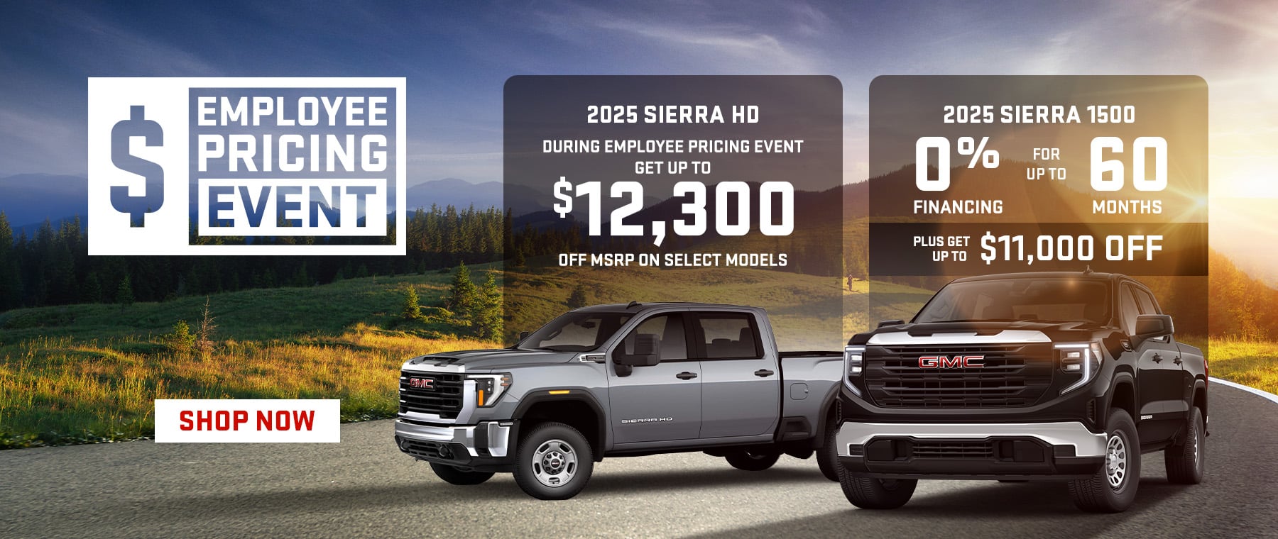 Three vehicles in a lit garage with text: "View All Offers Here. Don’t miss out on our latest deals and specials."