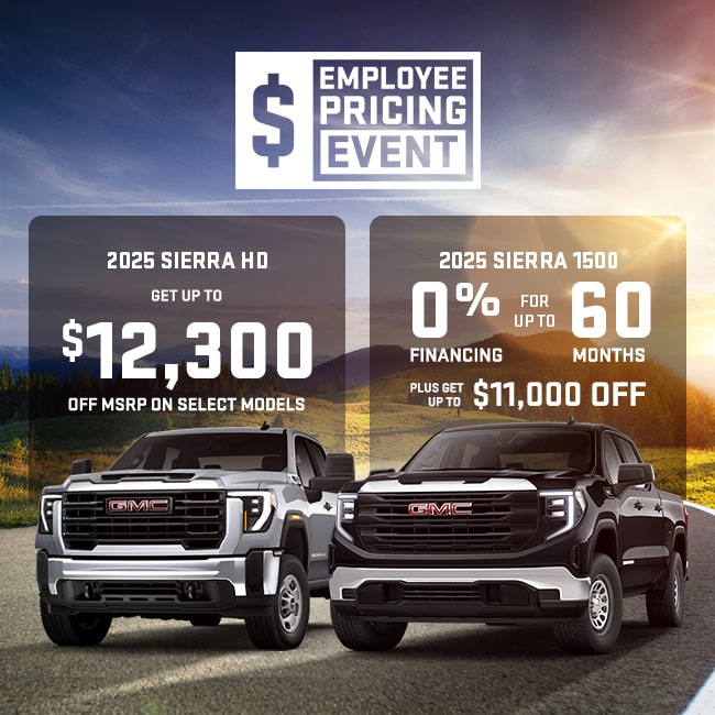 Demo clearance car sale with up to $12,375 off, featuring various GMC vehicles under a blue sky.