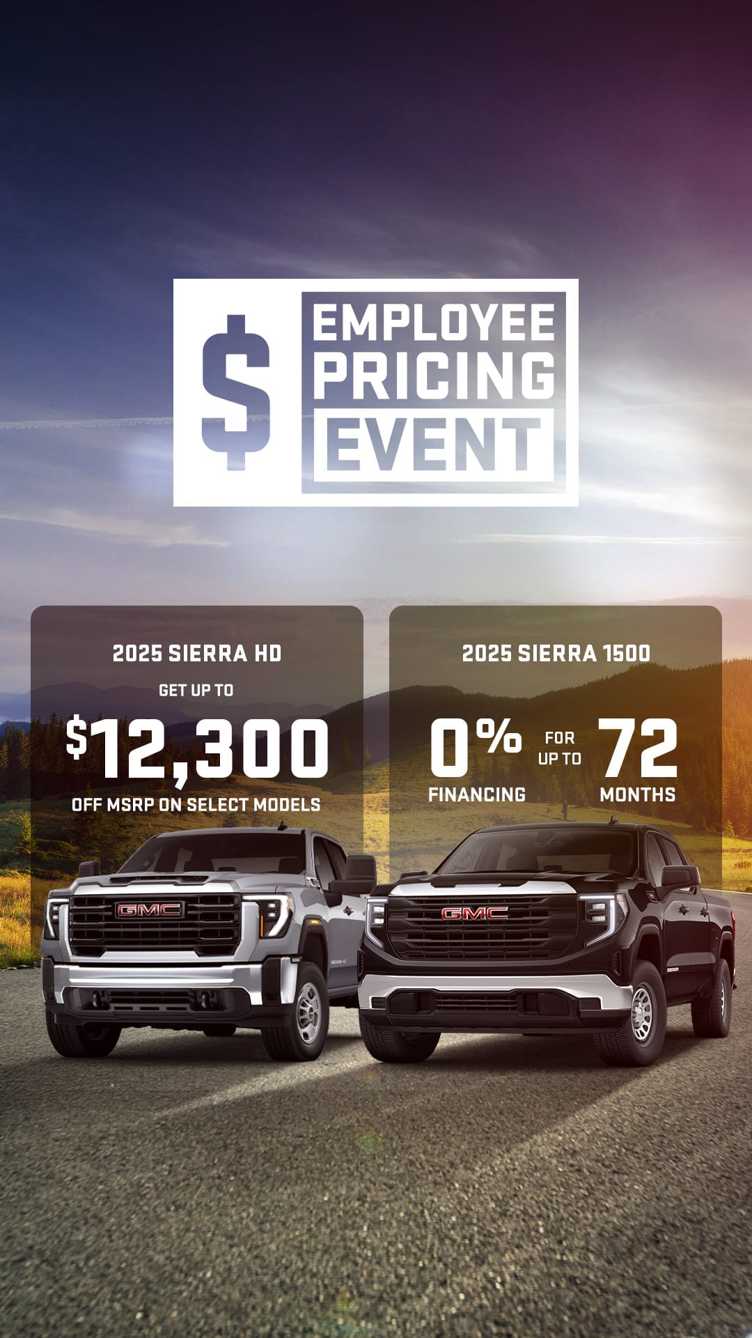Demo clearance car sale with up to $12,375 off, featuring various GMC vehicles under a blue sky.