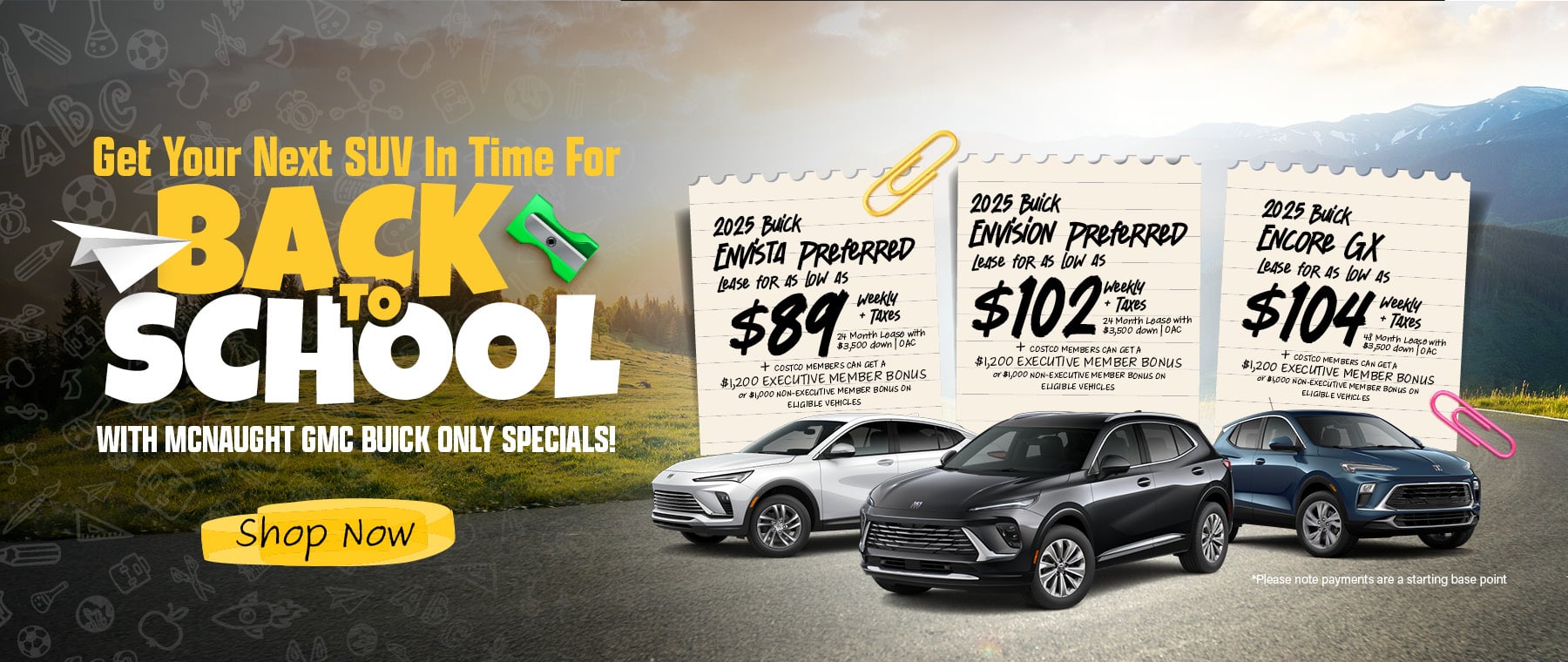 Three vehicles in a lit garage with text: "View All Offers Here. Don’t miss out on our latest deals and specials."
