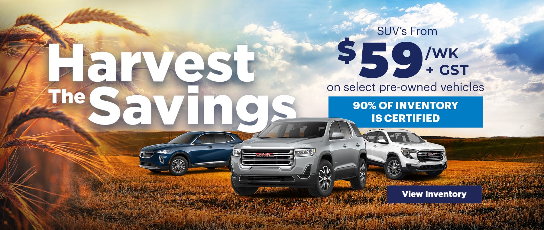 Three vehicles in a lit garage with text: "View All Offers Here. Don’t miss out on our latest deals and specials."