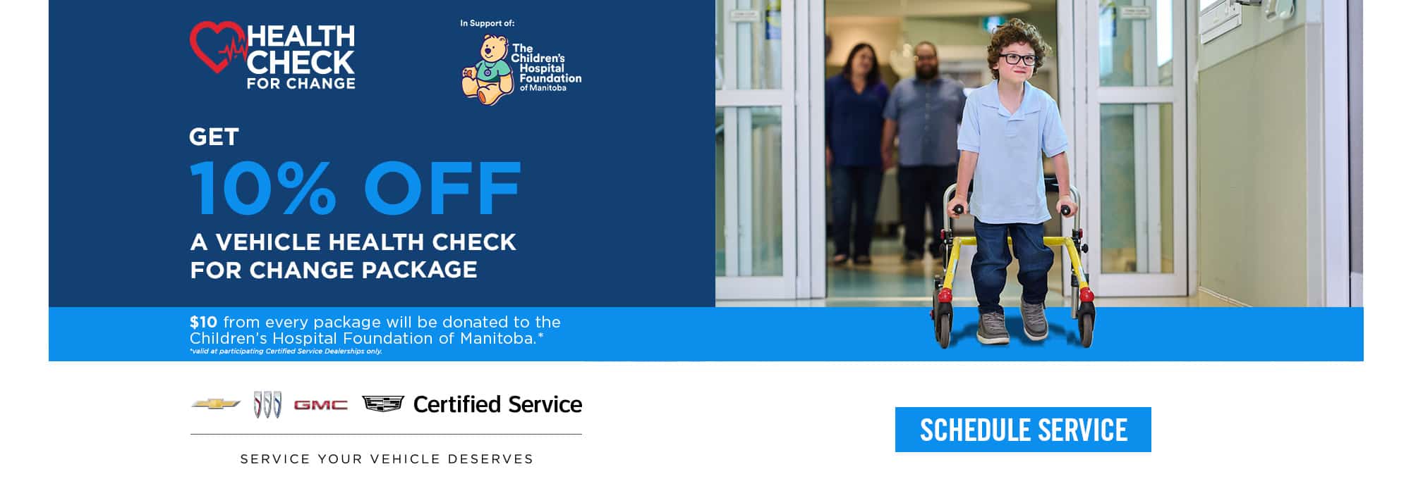 Promo image for a vehicle health check, offering 10% off. Funds support Manitoba Children's Hospital.
