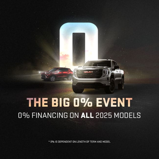 Demo clearance car sale with up to $12,375 off, featuring various GMC vehicles under a blue sky.