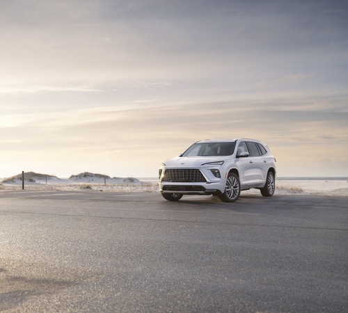 Silver SUV parked on a coastal road at sunset, with serene ocean backdrop.